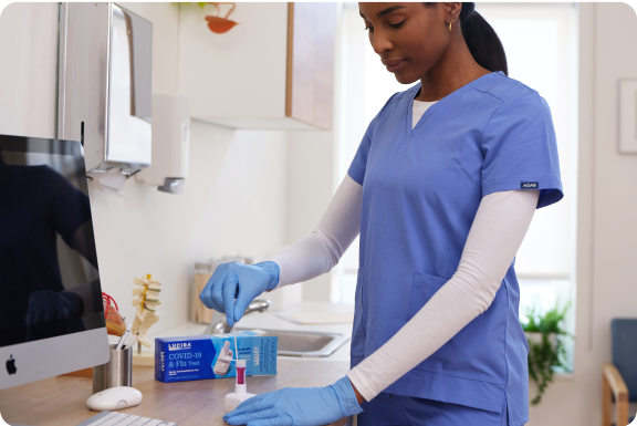 Actor portrayal of nurse using LUCIRA® by Pfizer COVID-19 & Flu Test